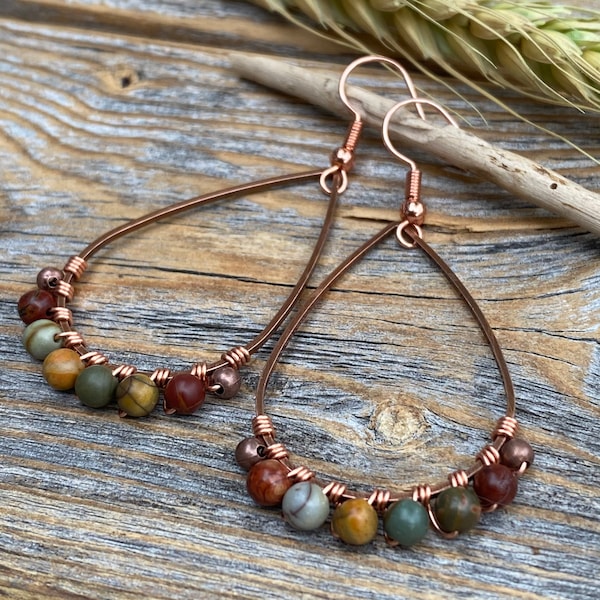 Copper Teardrop Earrings, Red Creek Jasper Jewelry, Earth Tone Jewelry, Rustic Bohemian Earrings, Fall Earrings, Everyday Earrings