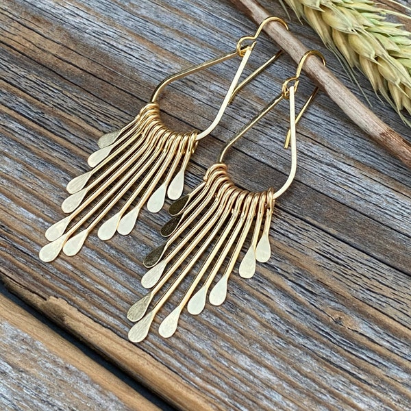 Gold Teardrop Earrings, Large Paddle Earrings, Gold Fan Earrings, Fringe Earrings, Statement Earrings, Boho Earrings, Bohemian Jewelry