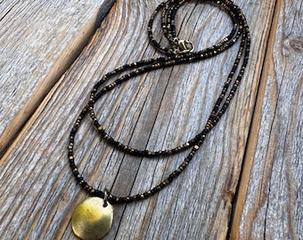 Black Bead Double Strand Necklace – Bronze Pendant, Boho Chic Jewelry