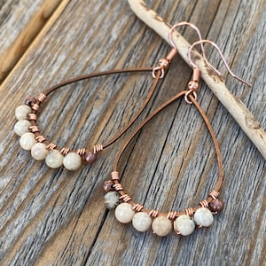 Beige African Opal Teardrop Earrings – Boho Bridal Jewelry, Rustic Wedding Earrings, Handmade Bridesmaid Gifts, Vintage-Inspired Design