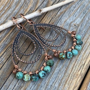 African Turquoise Earrings, Bohemian Earrings, Copper Teardrop Earrings, Stone Earrings, Wire Wrapped Jewelry, Boho Jewelry, Gifts for Her