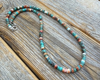 Turquoise Spiny Oyster Heishi Necklace, Southwestern Beaded Jewelry, Layering Boho Gift
