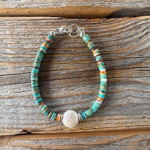 Bracciale Heishi turchese / Perla d'acqua dolce, Ostrica spinosa, Boho Stacker