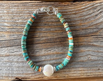 Turquoise Heishi Bracelet | Freshwater Pearl, Spiny Oyster, Boho Stacker