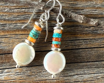 Freshwater Pearl Earrings with Turquoise and Spiny Oyster Gemstone Beads, Sterling Silver