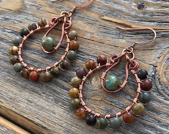 Red Creek Jasper Hoop Earrings | Copper Wire Wrapped Boho Dangles