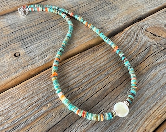 Turquoise Spiny Oyster Heishi Necklace, Freshwater Pearl Accent, Southwestern Beaded Jewelry