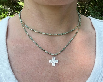 Turquoise Seed Bead Cross Necklace, Hammered Sterling Silver Pendant