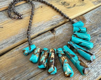 Chunky Turquoise Slab Necklace, Southwestern Beaded Statement Jewelry