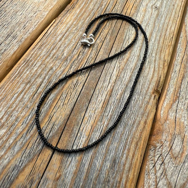 Black Seed Bead Choker, Czech Glass Necklace, Sterling Silver Clasp