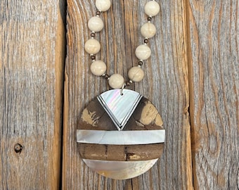 Fossil Coral Statement Necklace, Chunky Natural Beads, Copper Accents, Wood Shell Pendant