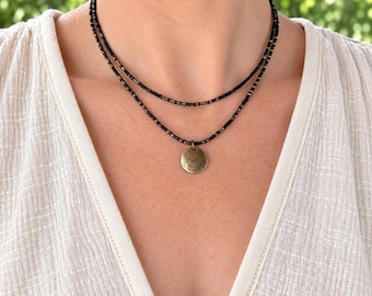 Dainty Beaded Necklace, Double Strand Czech Glass Choker, Bronze Pendant
