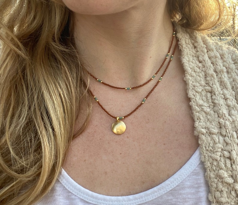 Small Round Gold Pendant Necklace Double Strand Tiny Beaded Etsy