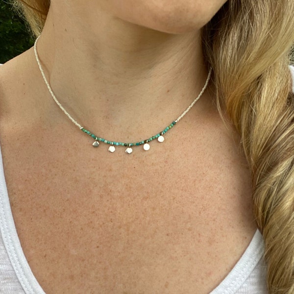 Tiny Bead Necklace, Dainty Turquoise Beaded Necklace with Silver Dangles, Choker Necklace, Boho Jewelry, Boho Necklace, Gifts for Her