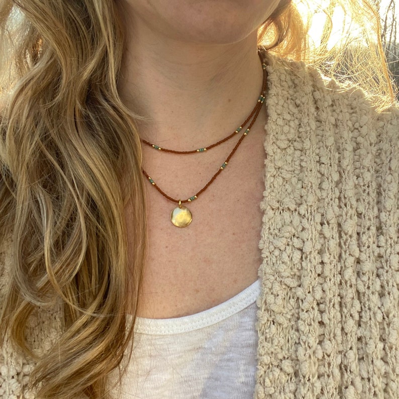 Small Round Gold Pendant Necklace Double Strand Tiny Beaded Etsy