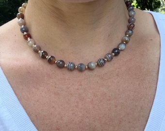 Botswana Agate Necklace Choker, Gold Spacers, Gemstone Jewelry