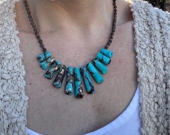 Turquoise Statement Necklace, Chunky Boho Jewelry, Bronzite Beaded Slab Necklace
