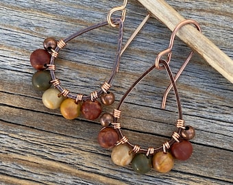 Small Copper Teardrop Earrings with Red Creek Jasper – Rustic Boho Dangles, Handmade Jewelry, Thoughtful Gift for Her