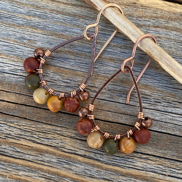 Small Copper & Red Creek Jasper Teardrop Earrings, Stone Jewelry, Boho Earrings, Rustic Dangle Earrings, Handmade Jewelry, Gifts for Her