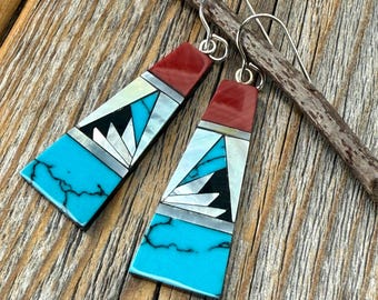 Turquoise & Spiny Oyster Inlay Earrings, Sterling Silver, Southwestern Mosaic
