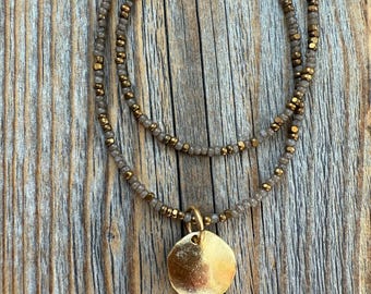 Brown Beaded Choker Necklace, Layered Gold Pendant, Everyday Boho Jewelry