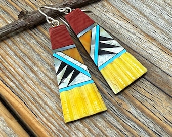 Southwestern Fan Inlay Earrings, Turquoise & Red Spiny Oyster, Yellow Shell Mosaic, Sterling Silver Dangle Statement, Boho Gift for Her