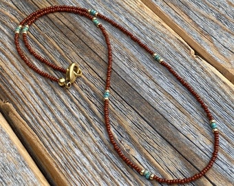 Brown and Turquoise Beaded Necklace, Tiny Beaded Necklace, Choker Necklace, Delicate Seed Bead Necklace, Layering Necklace, Boho Jewelry