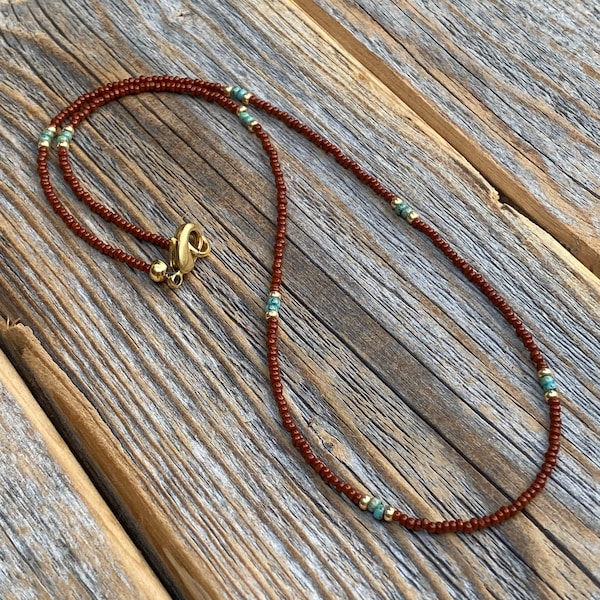 Brown and Turquoise Beaded Necklace, Tiny Beaded Necklace, Choker Necklace, Delicate Seed Bead Necklace, Layering Necklace, Boho Jewelry