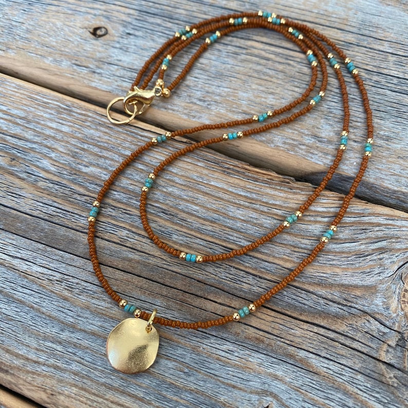 Small Round Gold Pendant Necklace Double Strand Tiny Beaded Etsy