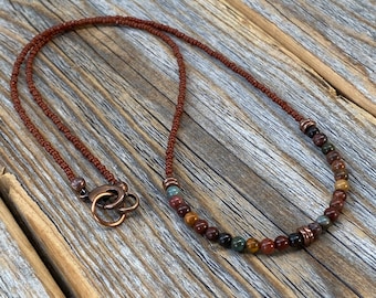 Red Creek Jasper Beaded Necklace – Copper Accents, Boho Layering Jewelry