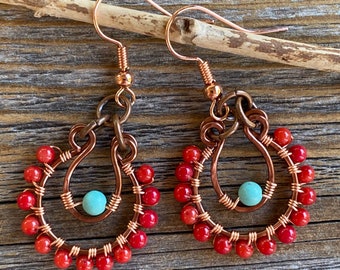 Coral and Turquoise Beaded Copper Hoop Earrings