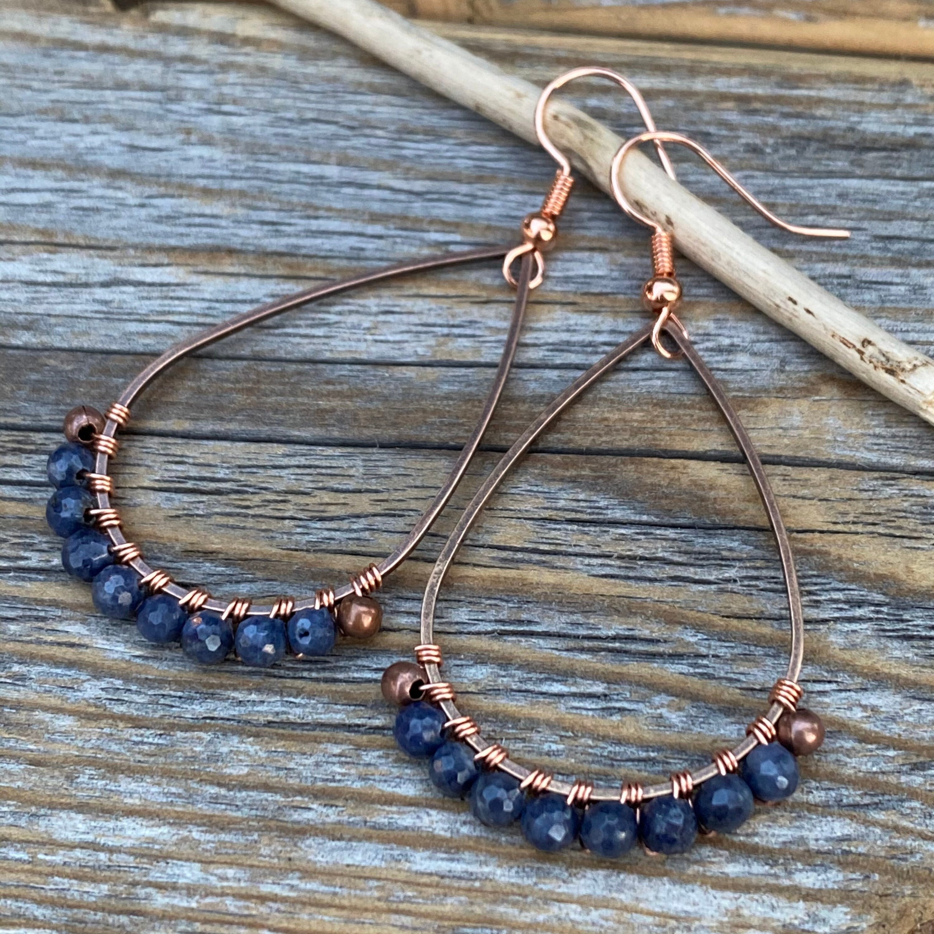 Sapphire Teardrop Earrings – Wire-Wrapped Beaded Stone Jewelry, Copper Earrings, September Birthstone, Perfect for Gifting