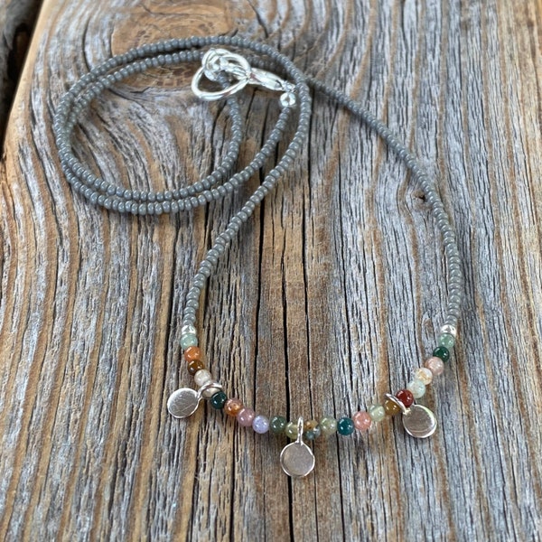 Collar de cuentas de jaspe hecho a mano: colgantes de plata de ley, gargantilla bohemia