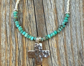 Turquoise and Sterling Silver Cross Necklace – Boho Western Jewelry