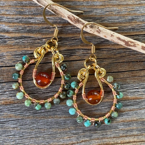 Turquoise Beaded Hoop Dangle Earrings Carnelian Earrings Etsy