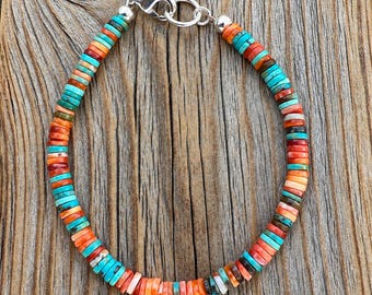 Turquoise Heishi Bracelet, Spiny Oyster Bracelet, Southwestern Stackable Jewelry