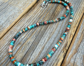 Turquoise Necklace, Handcrafted Boho Layered Gemstone Jewelry with Spiny Oyster Shell