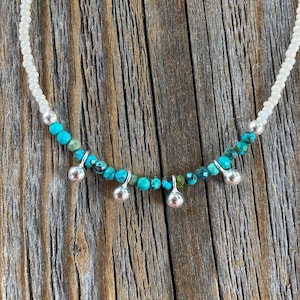 NEW! Dainty Turquoise Beaded Choker Necklace with Silver Dangles, Boho Minimalist Jewelry, Beachy Layering Necklace, Handmade Gift for Her