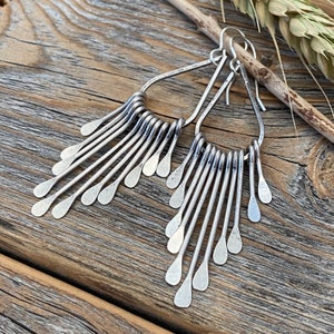 Antiqued Silver Teardrop Earrings, Large Paddle Earrings, Silver Fan Earrings, Fringe Earrings, Statement Earrings, Dangle Earrings