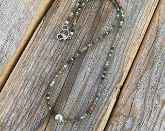 Jasper Beaded Choker Necklace - Dainty Sterling Silver Plated Clasp