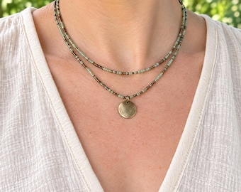 Czech Glass Beaded Necklace, Double Strand Layered Necklace with Bronze Pendant