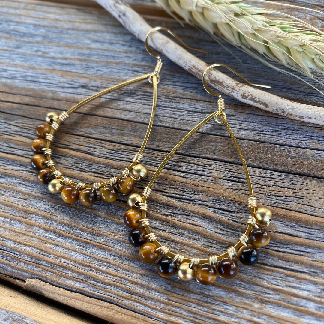 Tigers Eye Earrings, Tiger Eye Jewelry, Gold Teardrop Earrings, Wire ...