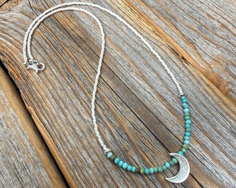 Sterling Silver Turquoise Moon Necklace, Boho Beaded Celestial Jewelry