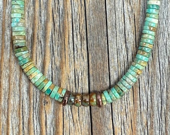 Southwestern Turquoise Heishi Bead Necklace, Hand-Strung 5mm Natural Green and Brown Gemstone Beads, Copper Clasp, Unisex Gift