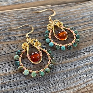 Turquoise and Carnelian Beaded Hoop Earrings, Wire Wrapped Boho Jewelry