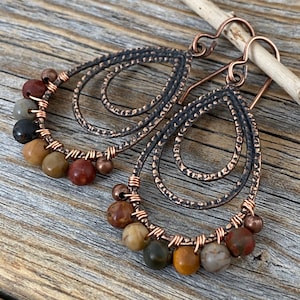 Red Creek Jasper Earrings – Rustic Boho Copper Teardrop, Wire Wrapped Stone Jewelry, Perfect Fall & Holiday Gift for Her or Mom, Unique