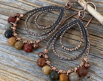 Red Creek Jasper Copper Earrings – Wire Wrapped Teardrop Boho Jewelry