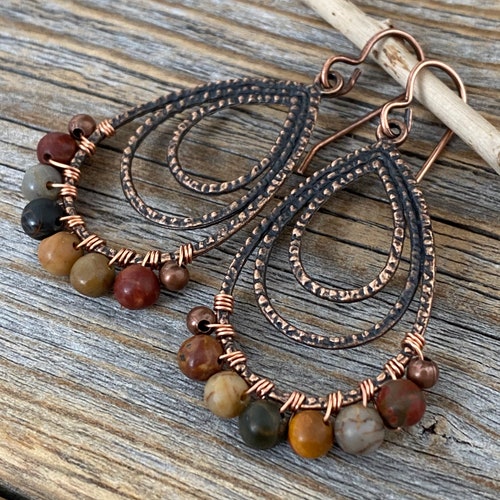 Red Creek Jasper Copper Earrings – Wire Wrapped Teardrop Boho Jewelry