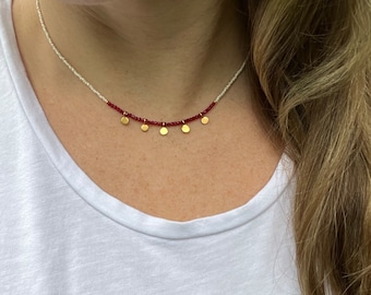 AAA + Ruby Necklace, Tiny Beaded Ruby Necklace, 24K Gold Dangle Necklace, Minimalist Jewelry, Dainty Necklace, Layering Necklace, Handmade