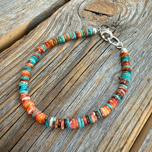 Turquoise Spiny Oyster Heishi Bracelet, Southwestern Boho Beaded Jewelry